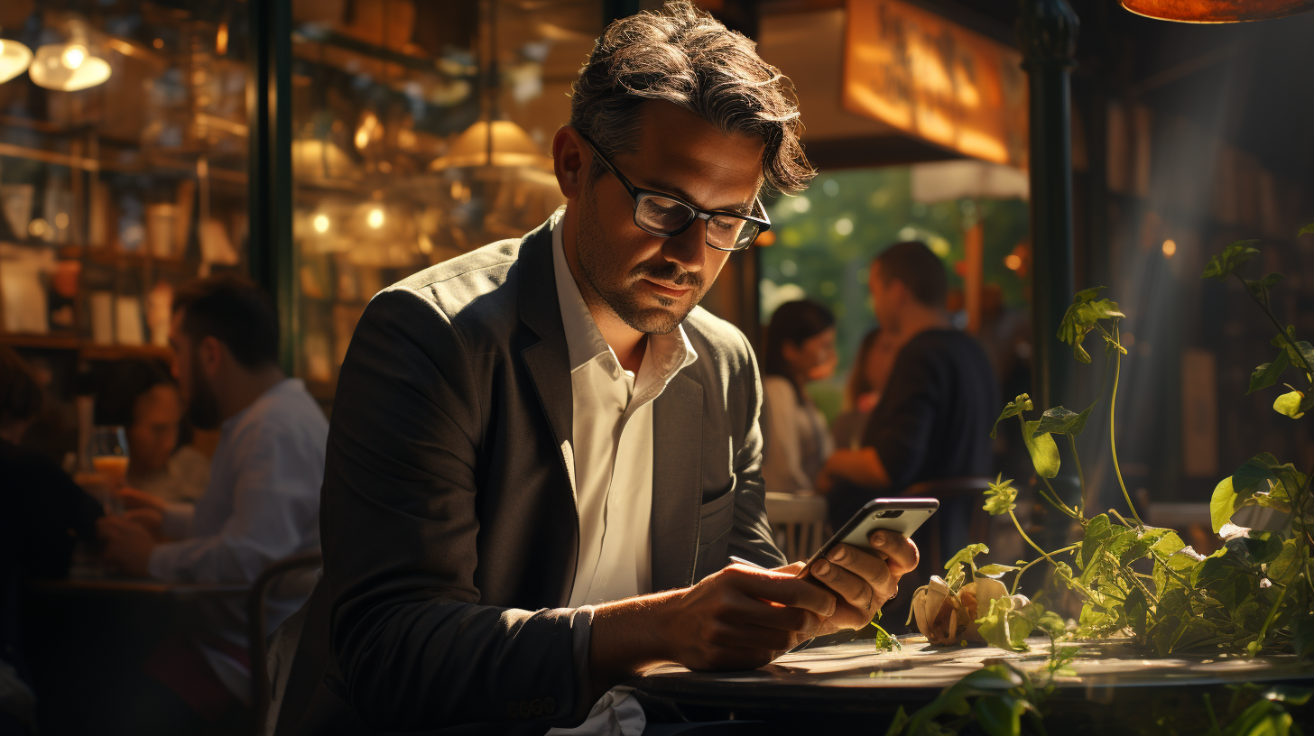 Image of a man sitting at an outdoor café table using his smartphone to find a local business