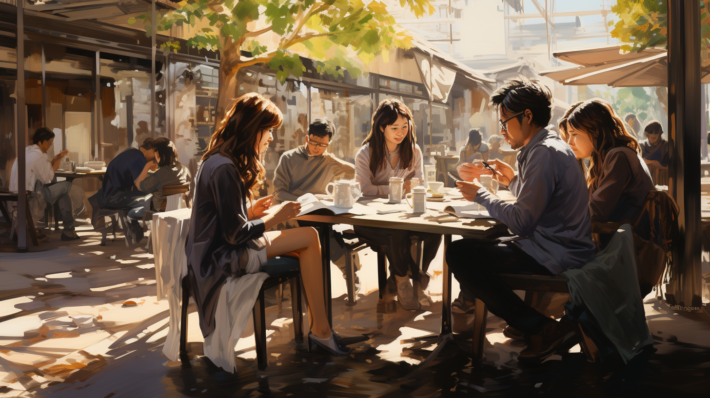 Image of people at an outdoor coffee house reading press releases