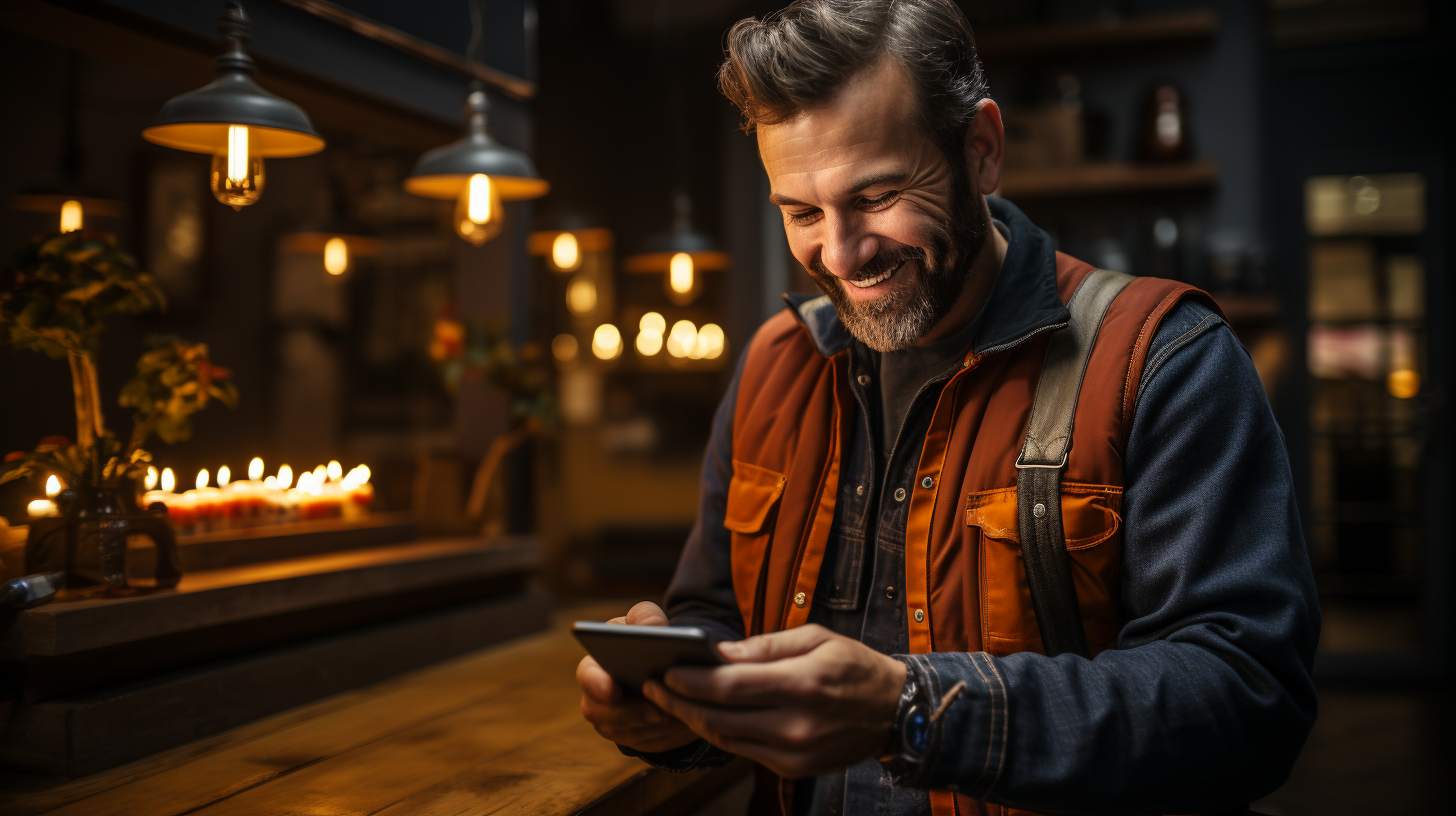 Image of a man looking at his smartphone showing signs of relief that he's found someone that can solve his problem.