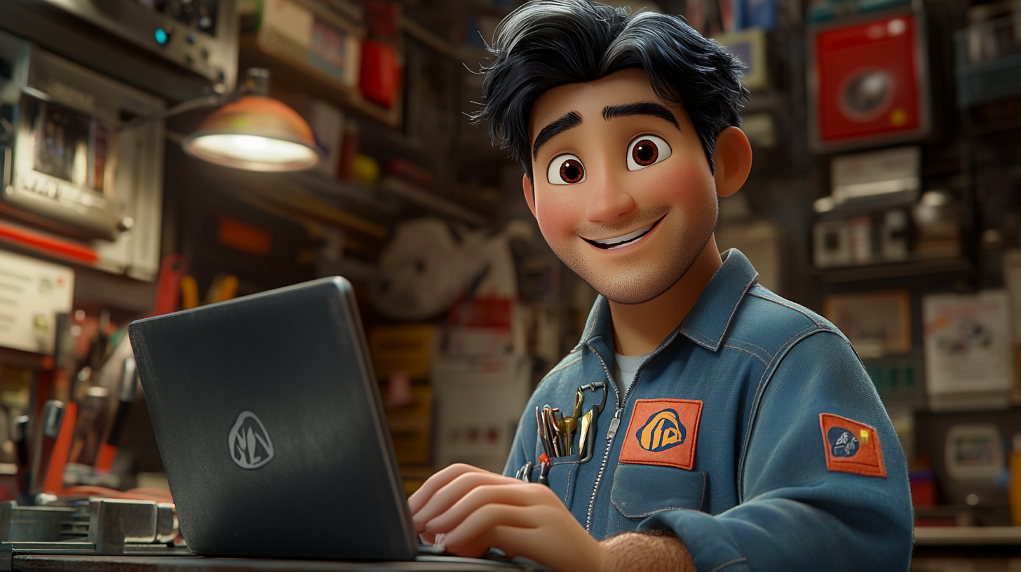 Animated character with dark hair and a blue jumpsuit sits at a desk, typing on a laptop, surrounded by various tools and electronics in a cluttered workspace.