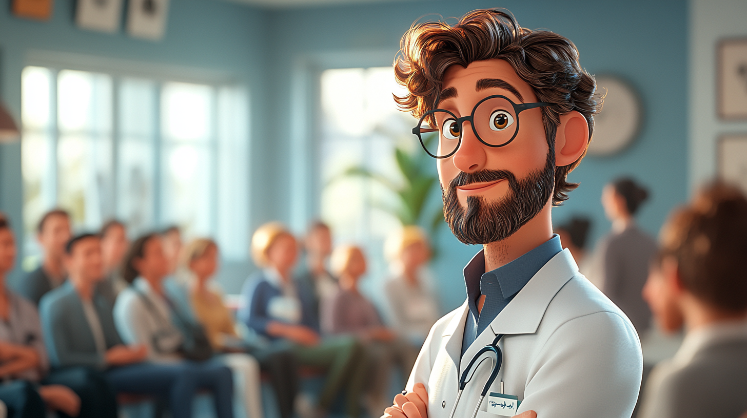 A doctor with glasses smiles at the camera in a brightly lit waiting room. Patients fill the waiting area. Effective content marketing strategy has provided plenty of new patients.