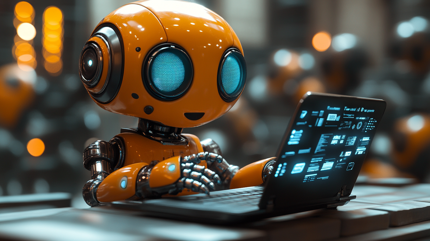 A small, orange robot with blue eyes uses a laptop, surrounded by similar robots in the background. The laptop screen displays various data and interface elements.